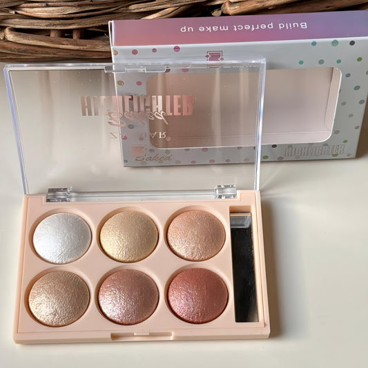 6 Shades Baked Highlighter Palette | Shimmer & Glow Face Makeup Kit