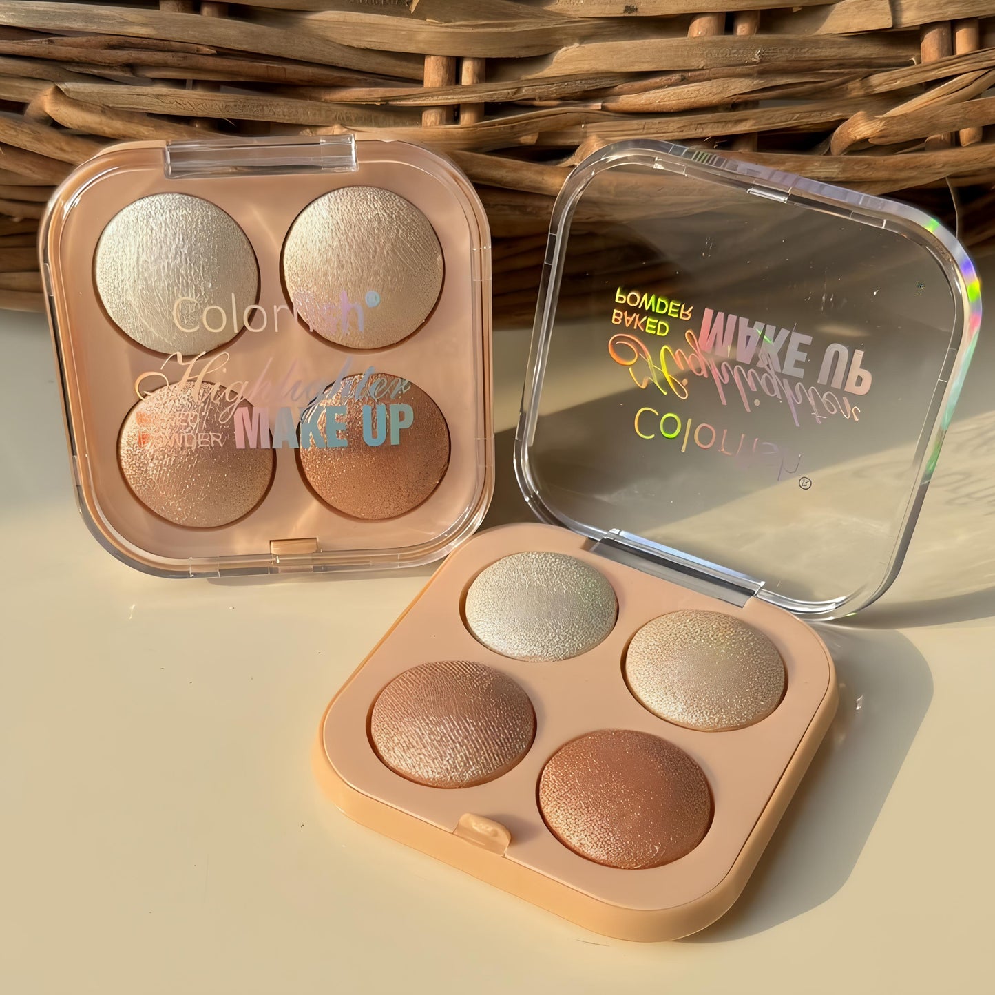 Kawaii 4 Shade Baked Highlighter Square Palette – Shimmery Glow for Glowing Skin