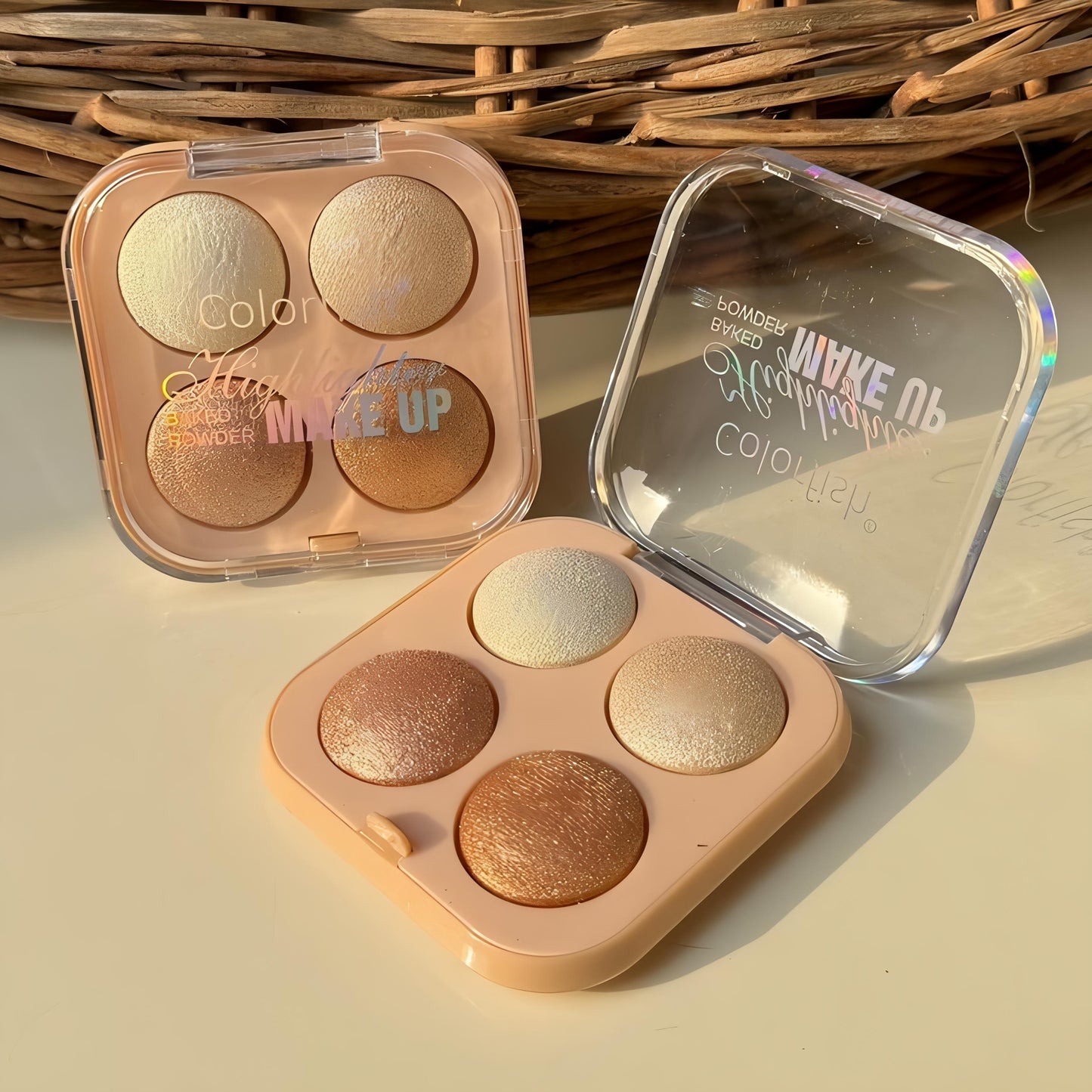 Kawaii 4 Shade Baked Highlighter Square Palette – Shimmery Glow for Glowing Skin