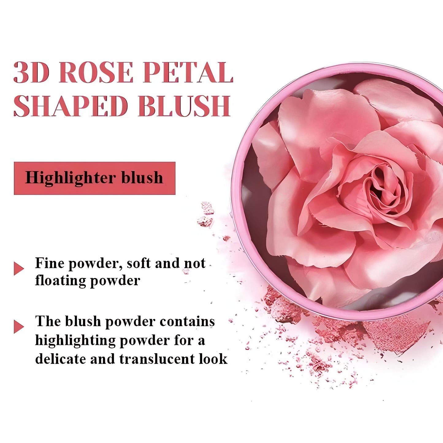 3D Rose Petal Blush Highlighter | Flower Shaped, Vegan, Natural Glow, Long-Lasting, Lightweight, Shimmery