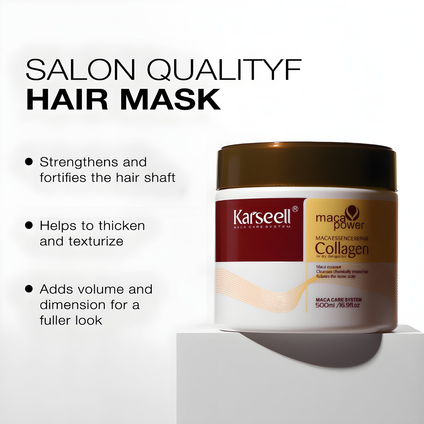 Karseell hair mask jar with product benefits on a white background