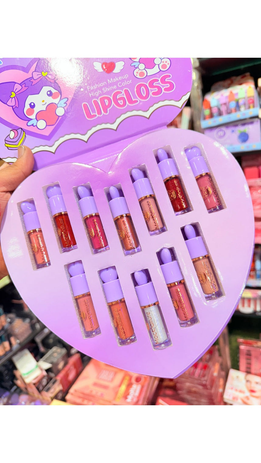 Mocallure Lip Gloss Set Of 12 In A Cute Heart Shaped Gift Hamper Box. 12 Different Lipstick Shades