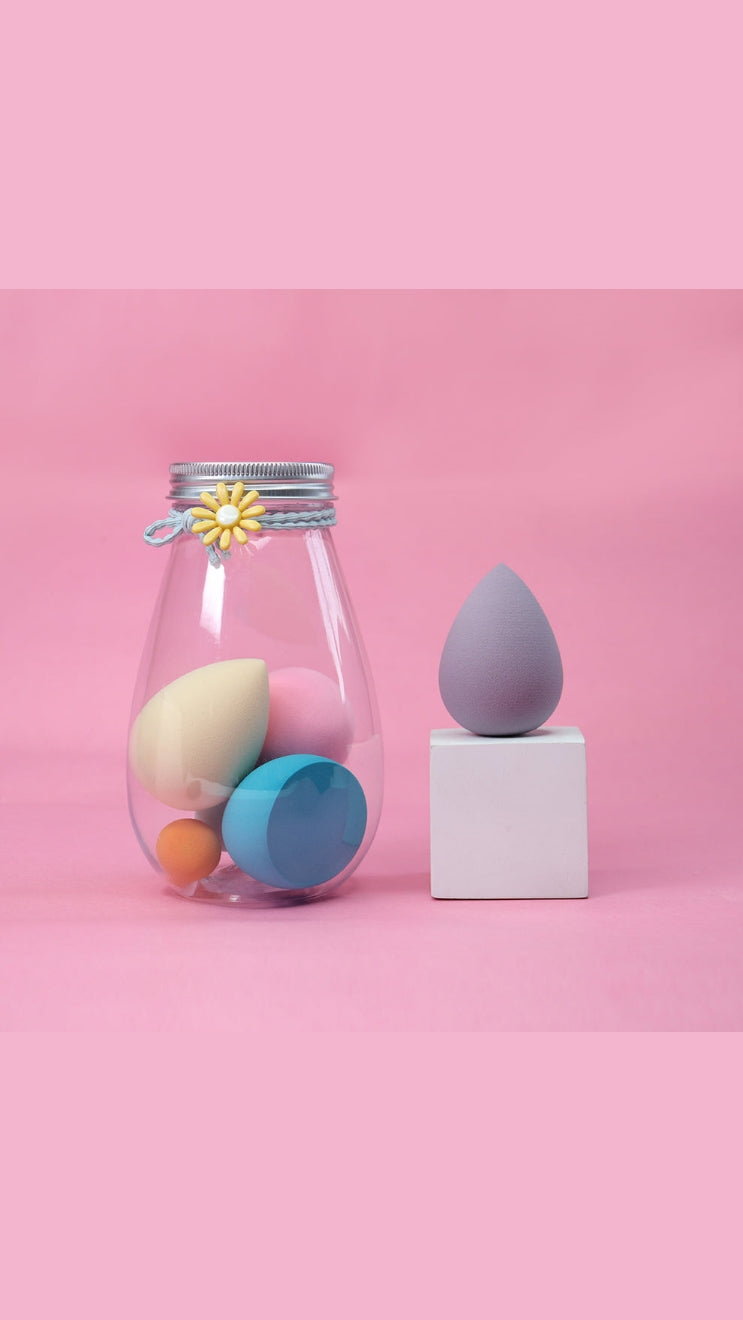 Beauty Blender Jar Set, Face Makeup Sponge 6 Pcs Puff Teardrop Blender. 4 Big & 2 Mini