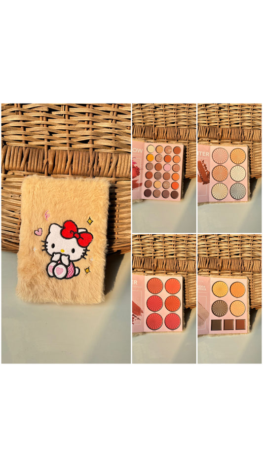 Hello Kitty All in One 4 Pages Makeup Book. 24 Eyeshadow, 6 Highlighter, 6 Blush, 4 Contour & Concealer & 3 Eyebrow Powder Shades.
