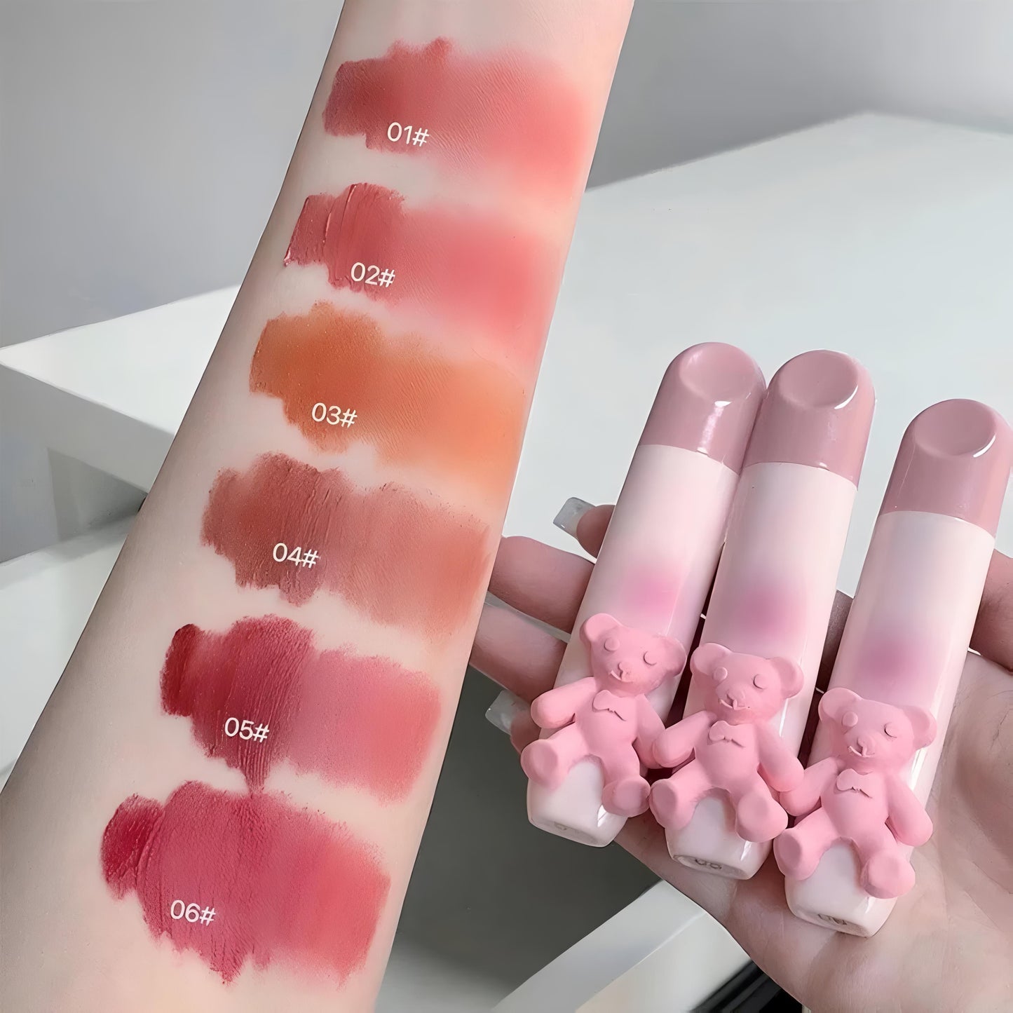 Kawaii Cute Bear Tender Matte Lip Glaze, Hydrating Velvet Lipstick, Long Lasting Smudge Proof Lip Glaze | Lip Mud for Women With Cute 3d Bear Attached