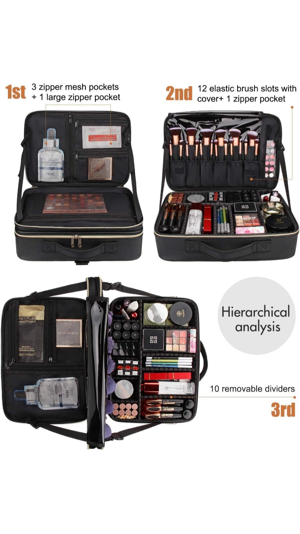 Cosmetic Bag, Makeup Organizer Bag for Home & Travel, Professional Use, Large Vanity Bag with Dividers