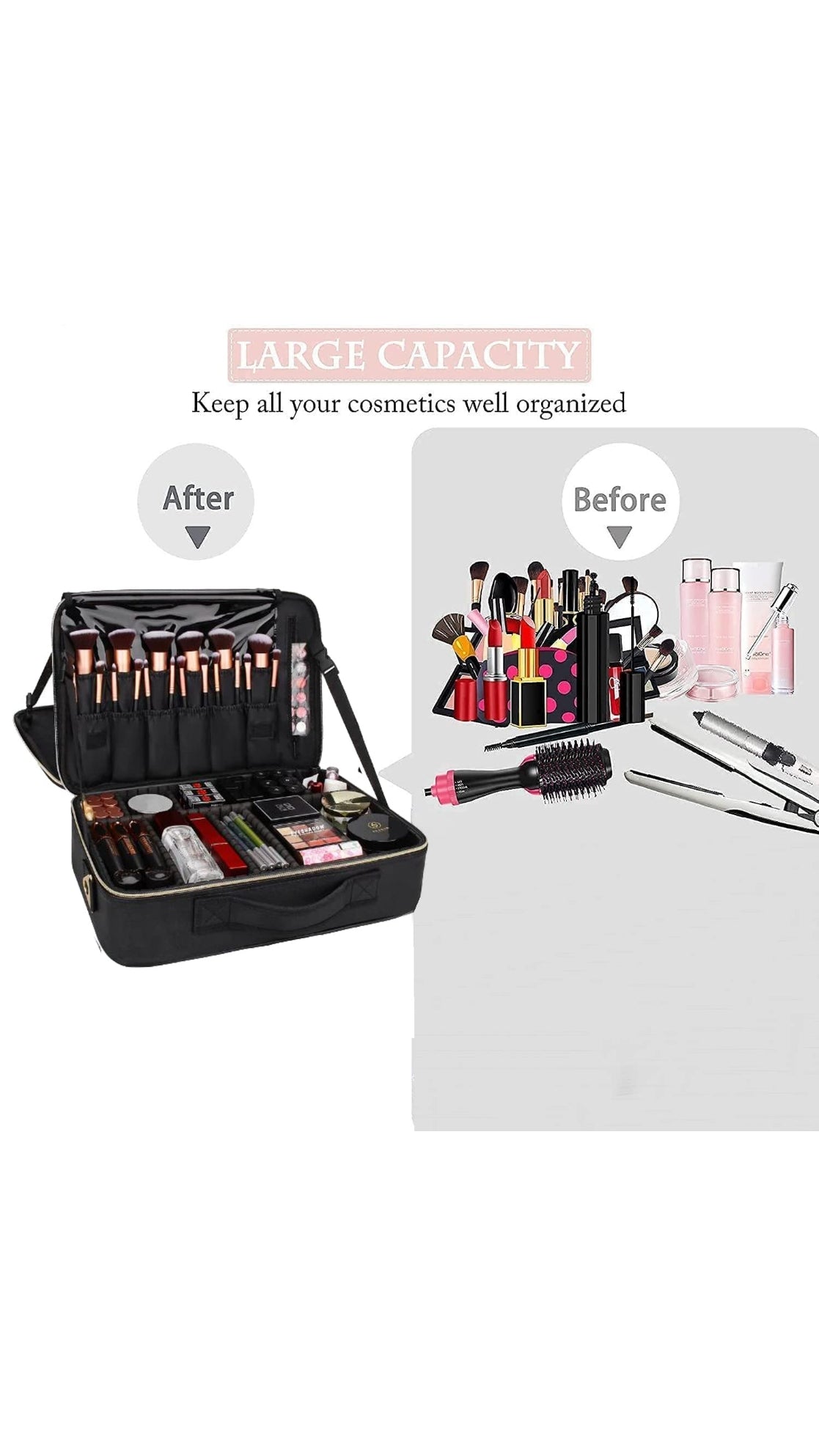 Cosmetic Bag, Makeup Organizer Bag for Home & Travel, Professional Use, Large Vanity Bag with Dividers