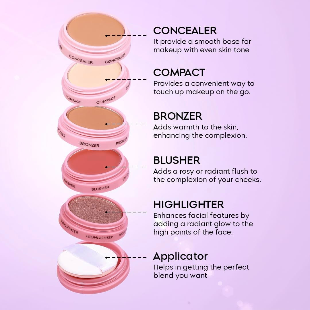 6 In 1 Makeup stack With Concealer, Bronzer, Blusher, Compact, Highlighter & Sponge Applicator Smooth & Blendable Formula - Travel Friendly, Quick & Easy to Use