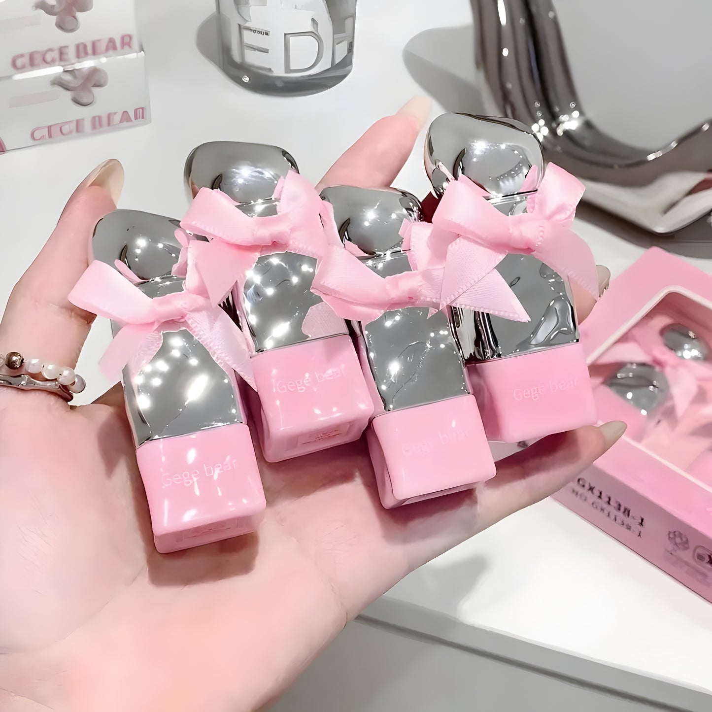 Gege Bear Sweet Tender and Moist Water Lip Glaze Pink Bow Lipstick