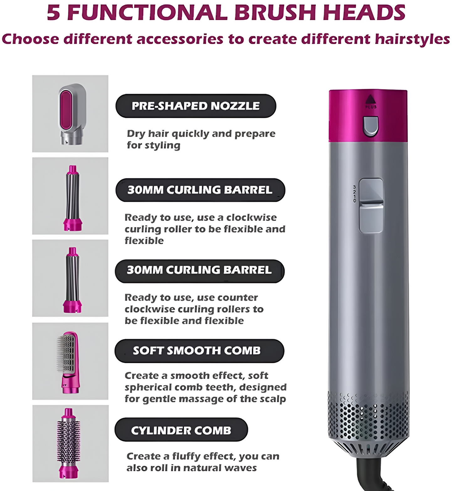 5 in 1 Multifunctional Hot Air Hair Brush Styler Dryer with Comb