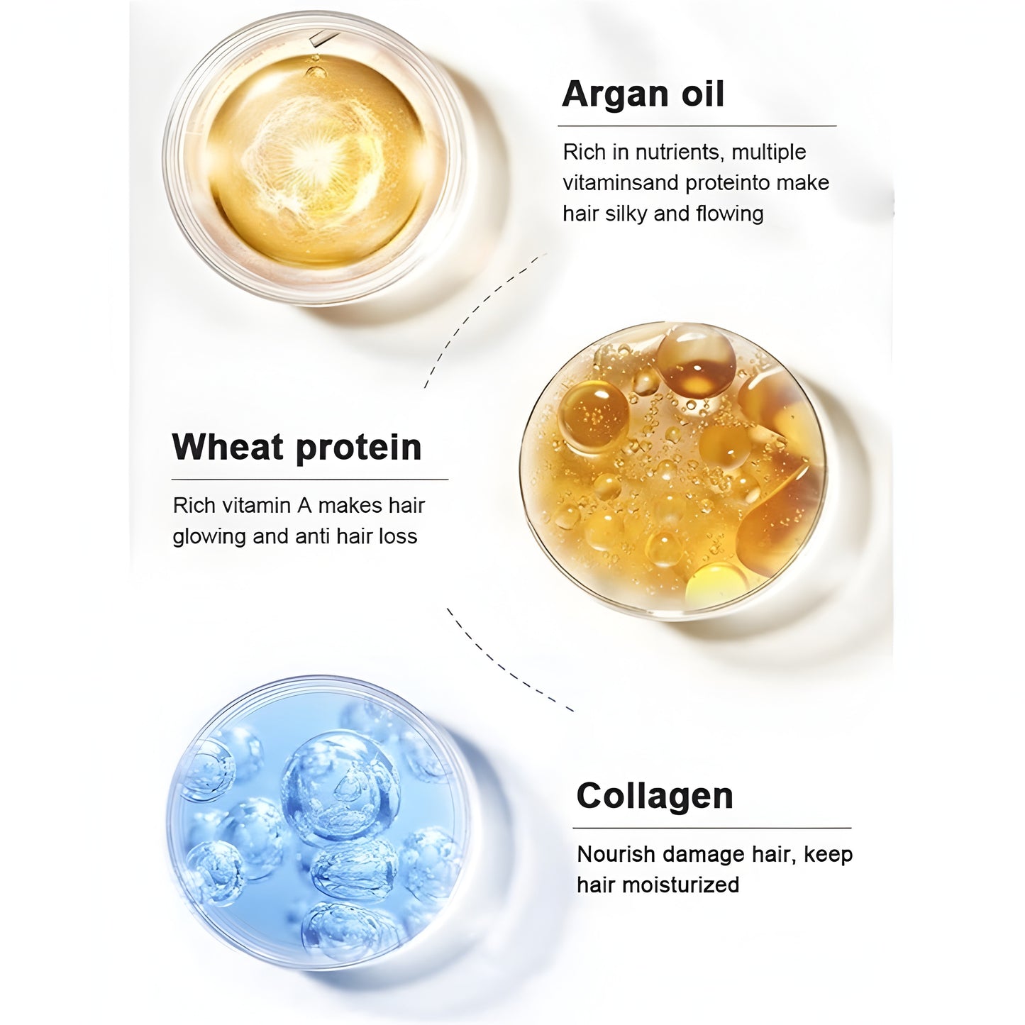 Three containers labeled 'Argan oil', 'Wheat protein', and 'Collagen' with descriptions of their benefits on a white background.