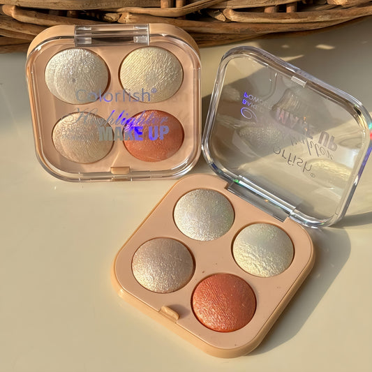 Kawaii 4 Shade Baked Highlighter Square Palette – Shimmery Glow for Glowing Skin