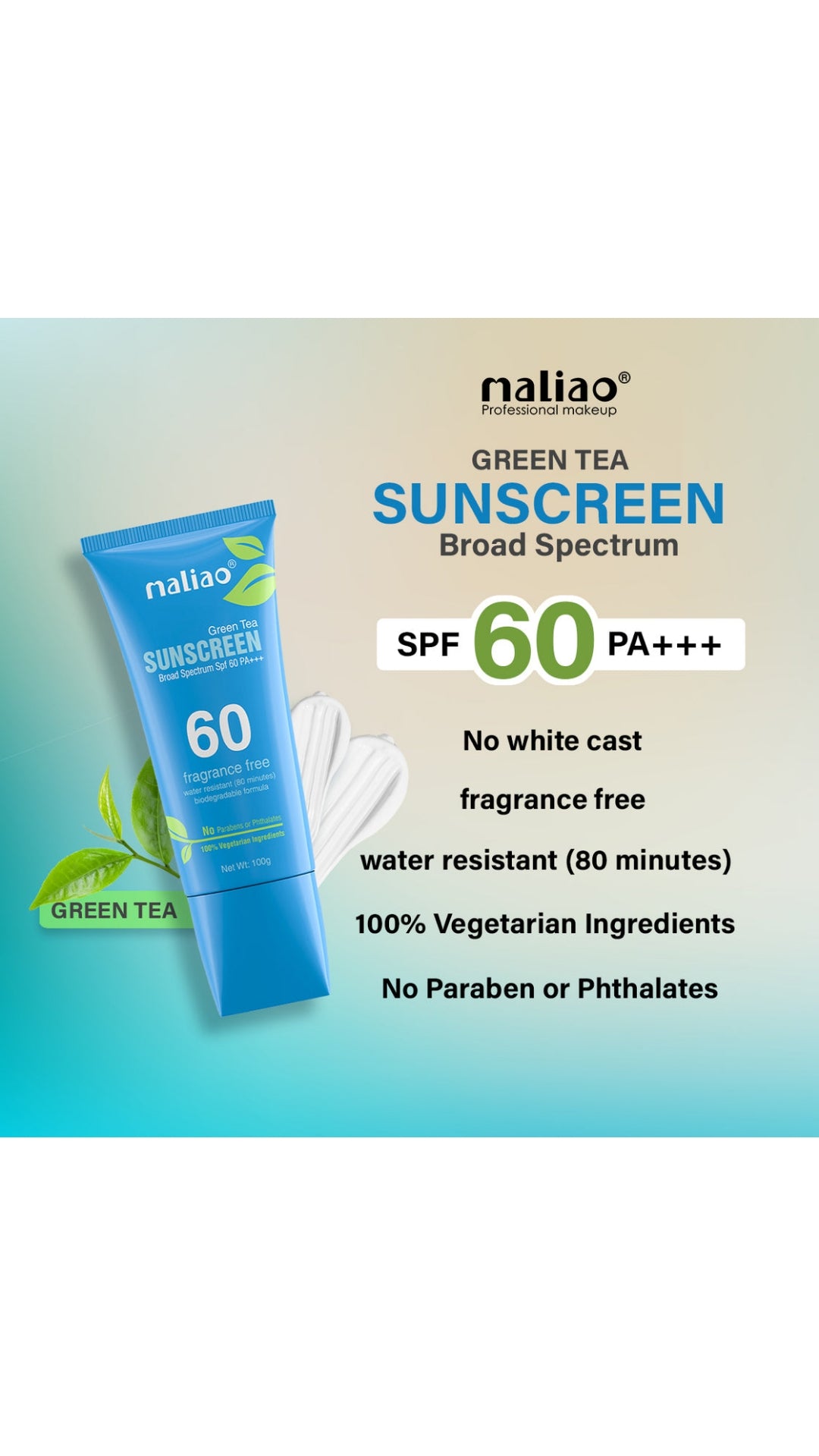 Maliao Green Tea Water Resistant Sunscreen - Broad Spectrum SPF 60 PA+++ 100g