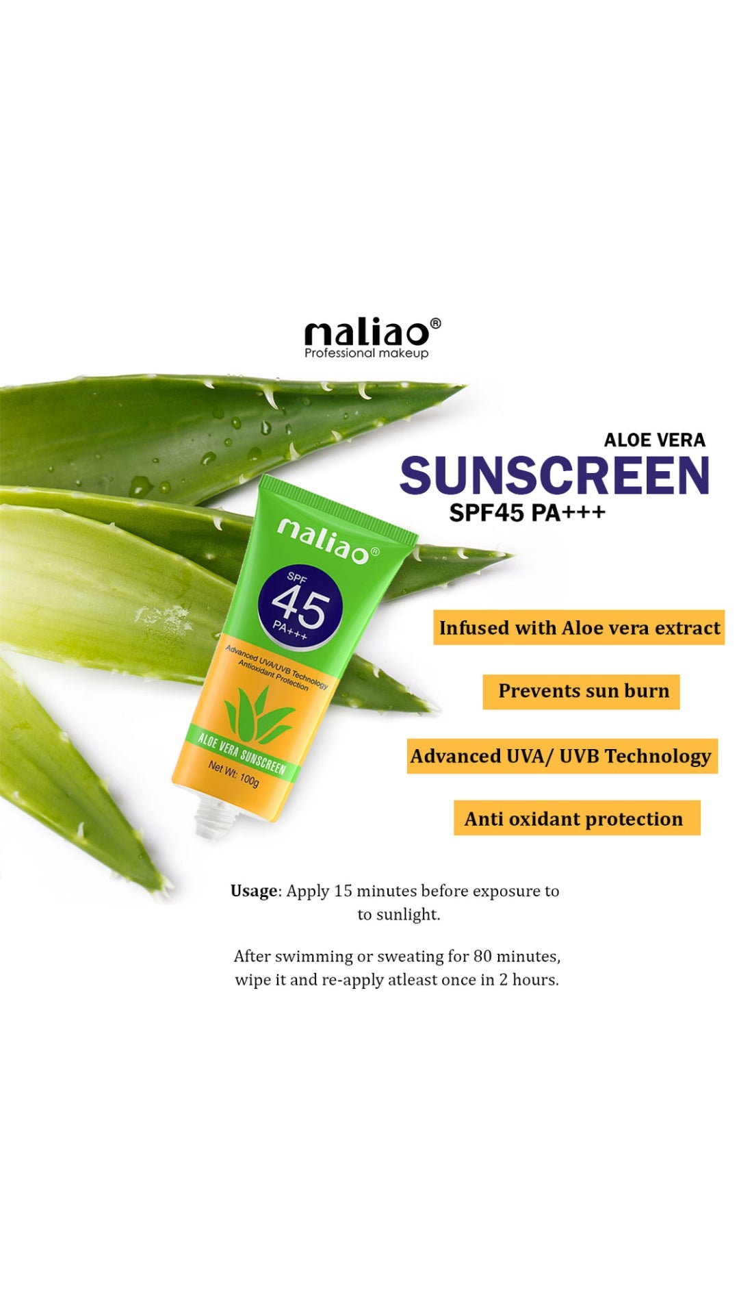 Maliao Aloe Vera Sunscreen SPF 45 PA+++ - Ultimate Sun Protection with Hydration