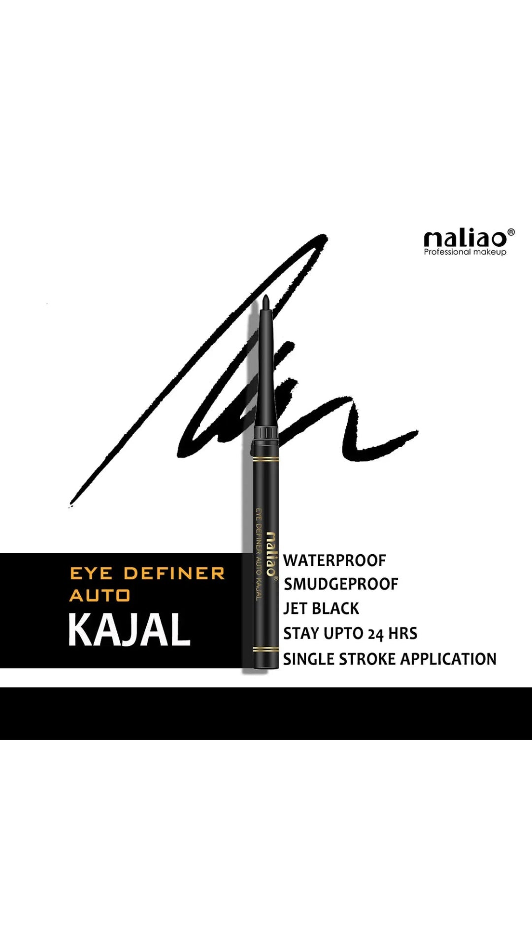 Maliao Eye Definer Auto Kajal - 24HR Waterproof Jet Black, Smudge-Proof Formula