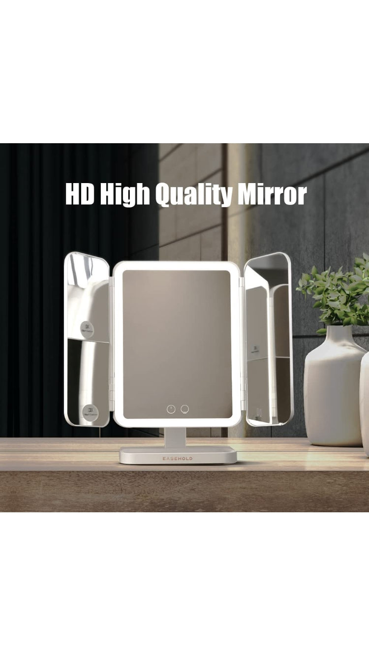 Makeup Mirror Vanity Mirror with Lights, Lighted Makeup Mirror, Touch Control, Trifold Makeup Mirror, Dual Power Supply, Portable LED Makeup Mirror, Leather Cover