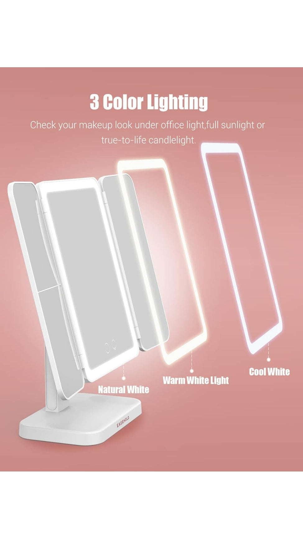 Makeup Mirror Vanity Mirror with Lights, Lighted Makeup Mirror, Touch Control, Trifold Makeup Mirror, Dual Power Supply, Portable LED Makeup Mirror, Leather Cover