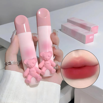 Kawaii Cute Bear Tender Matte Lip Glaze, Hydrating Velvet Lipstick, Long Lasting Smudge Proof Lip Glaze | Lip Mud for Women With Cute 3d Bear Attached