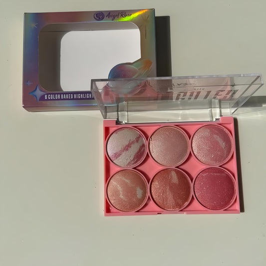 6-in-1 Baked Highlighter Palette – Shimmer & Glow Kit for Face