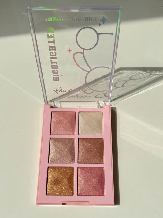 6-Color Highlighter Palette with Glitter Eyeshadow Shades, Eye Primer